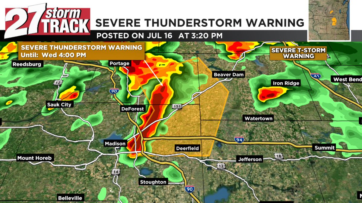 27StormTrack's tweet image. A severe t-storm warning is in effect until Jul 16 4:00PM for Dane, Columbia, Dodge, Jefferson Co. Stay indoors! Watch WKOW for the latest info #wiwx