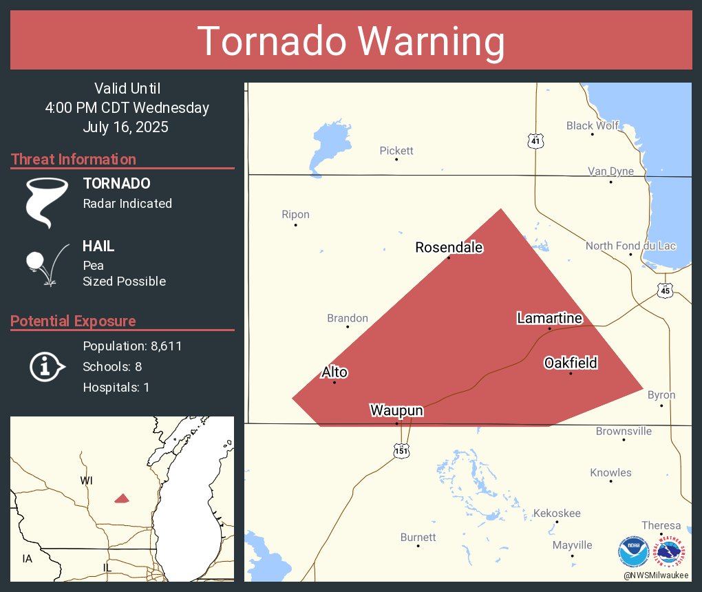 Tornado Warning including Waupun WI, Oakfield WI and Rosendale WI until ...
