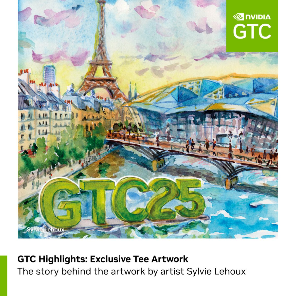 NVIDIAGTC's tweet image. 🖼️ Meet the artist behind the GTC Paris tee ⬇️
Sylvie Lehoux’s “Arrival in Paris” captures a magical NVIDIA moment on the Seine River.
From Notre Dame to the Eiffel Tower, this wearable art piece celebrates Paris, innovation, and the spirit of plein air painting. Merci,…