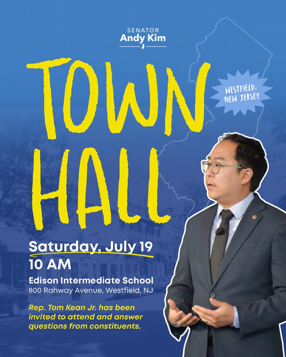 SenatorAndyKim's tweet image. I'm hosting a town hall at the Edison Intermediate School in Westfield, NJ on Saturday, July 19th to talk about the impact of the Big Disastrous Bill on our communities.
I've invited @CongressmanKean to join me in answering questions from our shared constituents.