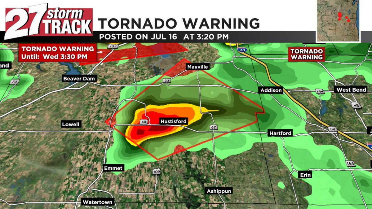 27StormTrack's tweet image. A Tornado Warning is in effect until Jul 16 4:00PM for Dodge Co. Go to your safe place now! Watch WKOW for the latest info #wiwx