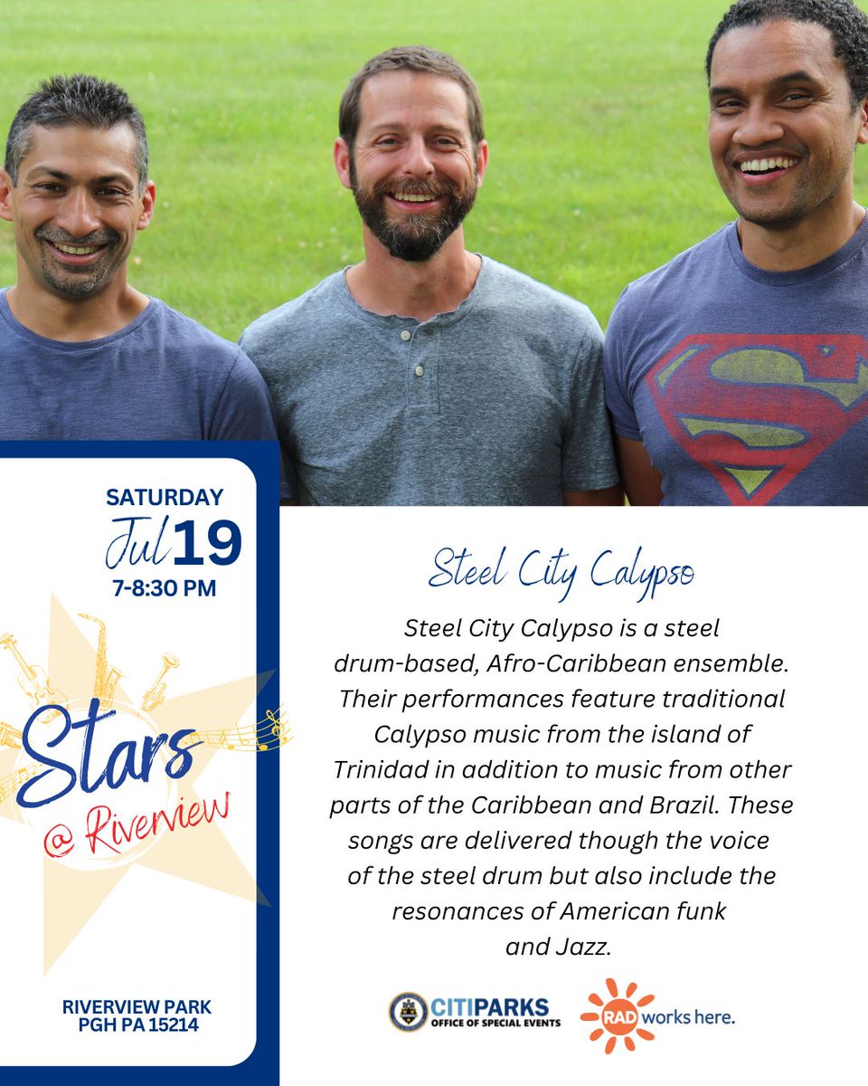 PghEventsOffice's tweet image. Steel City Calypso returns to Stars at Riverview Saturday, 8/19!
Spend the evening with us on Observatory Hill - the music starts at 7PM, followed by Cinema in the Park!
Find the full schedule of our Summer Concert Series presented by @CitizensBank at pittsburghpa.gov/concerts.