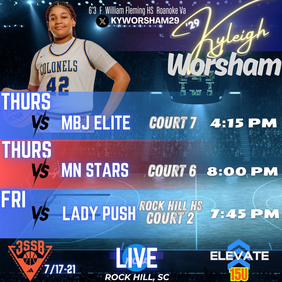 Fleming_GBB's tweet image. Coaches catch our rising 6’3 💫’29 @KyWorsham29 this weekend in Rock Hill with @Elevate_Elite @3SSBGCircuit @Coachsearp @AlexisSherard @CoachTremba @LadyCyclones @CoachSy @Coach_BParker @tania_davis1 @TBalerio @abbyemmertstamp @ColstenThompson @MilletteGreen @ecucoachkim