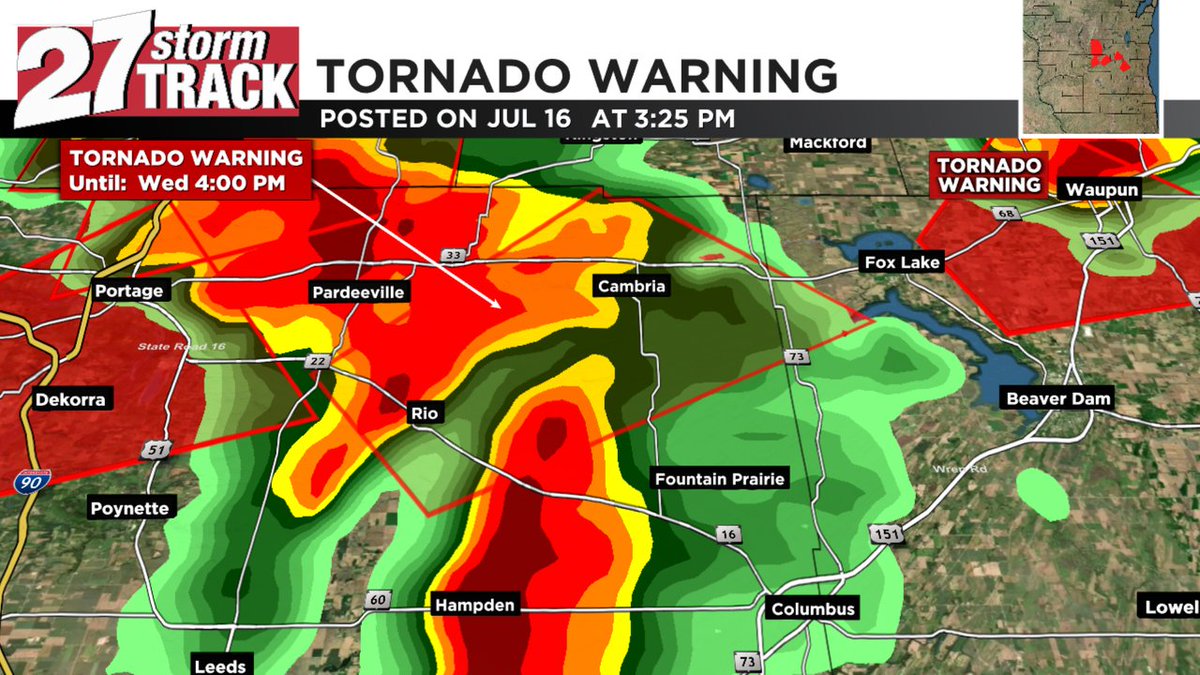 27StormTrack's tweet image. A Tornado Warning is in effect until Jul 16 4:00PM for Columbia, Dodge Co. Go to your safe place now! Watch WKOW for the latest info #wiwx