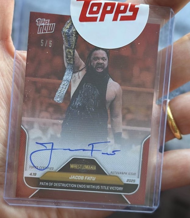 More Topps Now redemptions are shipping out to the lucky collectors who pulled them. 

Dominik Mysterio yesterday, Jacob Fatu today.