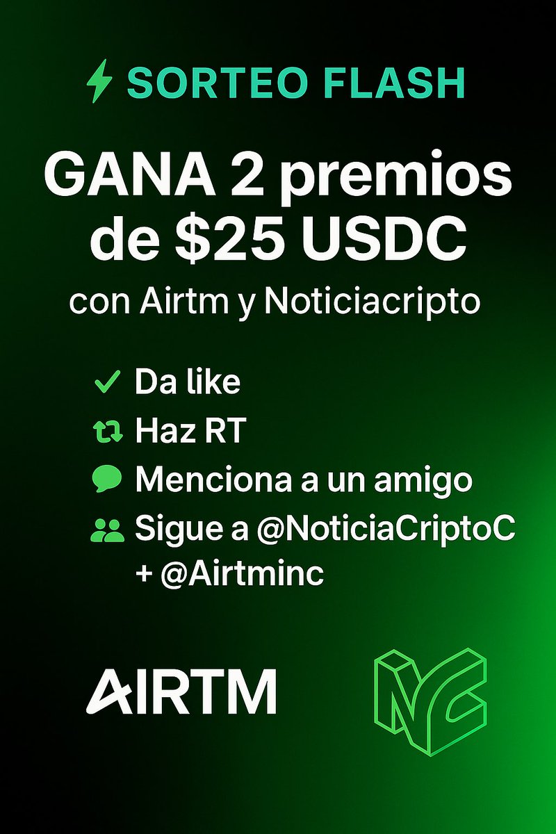 ElRadardeCesar's tweet photo. ⚡ SORTEO FLASH ⚡️
GANA 2 premios de $25 USDC con @airtminc y @NoticiacriptoC 

Participa ahora:
✅ Da like
🔁 Haz RT
👥 Sigue a @NoticiaCriptoC + @AirtmInc
💬 Menciona a un amigo que también quiera ganar

⏳ Participación abierta hasta el lunes 21/07

📈 Con #Bitcoin al alza, descubre cómo #Airtm conecta tus finanzas con el mundo 💸

#SorteoCrypto #USDC #Bitcoin