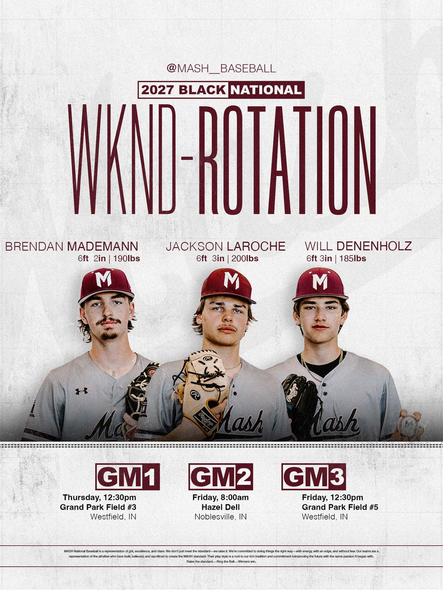 MASH Baseball (@mash__baseball) on Twitter photo 2027 Black National Weekend Rotation ๐
GM1: <a href="/BrendanMademann/">Brendan Mademann</a>
GM2: <a href="/JacksonLaRoche0/">Jackson LaRoche</a>
GM3: <a href="/denenholzw/">William Denenholz</a> 2027 Black National Weekend Rotation ๐
GM1: <a href="/BrendanMademann/">Brendan Mademann</a>
GM2: <a href="/JacksonLaRoche0/">Jackson LaRoche</a>
GM3: <a href="/denenholzw/">William Denenholz</a>
