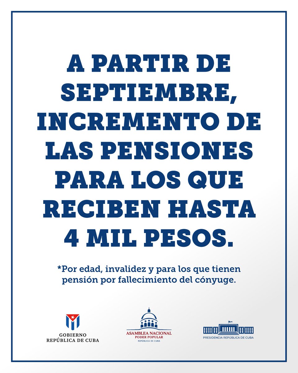 lademajagua's tweet image. El primer ministro
Manuel Marrero Cruz dió a conocer en la Asamblea Nacional, que a partir de septiembre incrementarán las pensiones para las personas que reciben hasta 4 mil pesos, para los pensionados por edad, invalidez y viudez.
#Cuba
#Poder