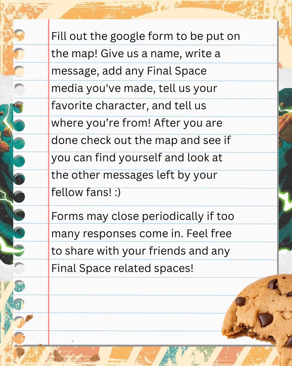 finalspacecrave's tweet image. 🚨🚨🚨🚨🚨FINAL SPACE CRAVE PRESENTS The Final Space Global Interactive Map Project! Submit messages to be put on an interactive map of the world and see where your fellow fans are from!
Form: forms.gle/w8nvSLgRrQn6yF…
Spanish and Portuguese translations available below!
