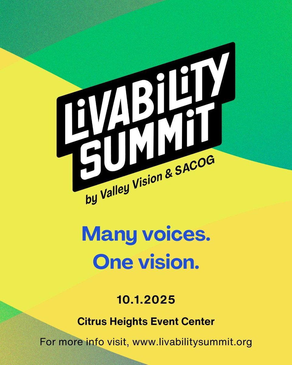Save the date! 
SACOG is proud to sponsor the 2025 Livability Summit with Valley Vision. Join us Oct 1 at the Citrus Heights Event Center to explore how we build healthier, more connected communities. 
🔗 Learn more: buff.ly/8EcJyF6