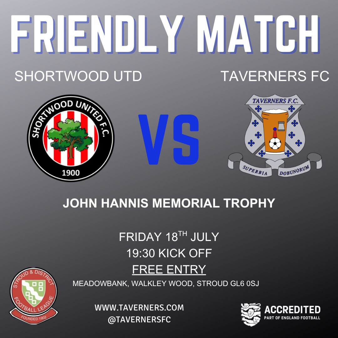 Our annual John Hannis Trophy showdown vs <a href="/ShortwoodUtdFC/">Shortwood Utd FC</a> is Friday night!

The bar will be open, the BBQ sizzling and the forecast’s looking sunny, so come along, grab a beer and a burger and enjoy some proper Friday night football.

Don’t miss it! ⚽🍔🍻#tavs #trophymatch