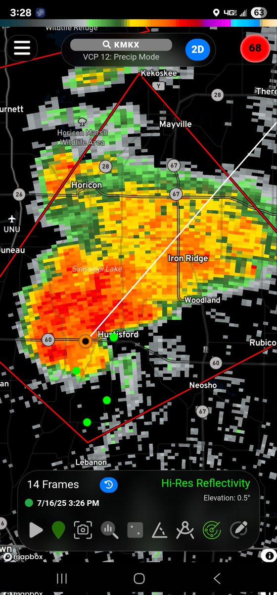 ZiggysTweeting's tweet image. Tornado Warning for Hustisford, Iron Ridge, and Woodland. Rotation over Hustisford moving NE #wiwx