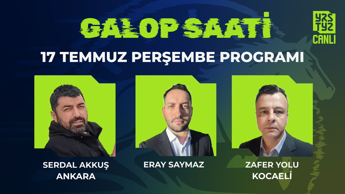 Yarıştayız (@yaristayiz) on Twitter photo Galop Saati ile yarış heyecanı başlıyor!
Bugün saat 12.00'de <a href="/EraySaymaz/">Eray Saymaz</a> moderatörlüğünde <a href="/SerdalAkku4/">Serdal Akkuş</a> ve <a href="/ZaferYoluu/">Zafer Yolu - Tolga Bilgi</a> Ankara ve Kocaeli yarışlarını CANLI yayında Galop Saati programında yorumluyor.
İzlemek İçin ➡️ youtube.com/live/Q7Ub8xL-0… Galop Saati ile yarış heyecanı başlıyor!
Bugün saat 12.00'de <a href="/EraySaymaz/">Eray Saymaz</a> moderatörlüğünde <a href="/SerdalAkku4/">Serdal Akkuş</a> ve <a href="/ZaferYoluu/">Zafer Yolu - Tolga Bilgi</a> Ankara ve Kocaeli yarışlarını CANLI yayında Galop Saati programında yorumluyor.
İzlemek İçin ➡️ youtube.com/live/Q7Ub8xL-0…