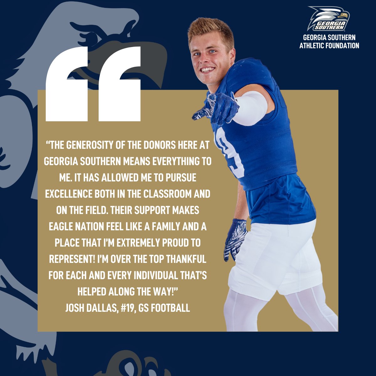 GSUAF's tweet image. 𝙂𝙧𝙖𝙩𝙞𝙩𝙪𝙙𝙚 𝙛𝙪𝙚𝙡𝙨 𝙜𝙧𝙚𝙖𝙩𝙣𝙚𝙨𝙨.
GS Football's Josh Dallas shares how the support of Eagle Nation helps him thrive on and off the field. 🦅
#HailSouthern
