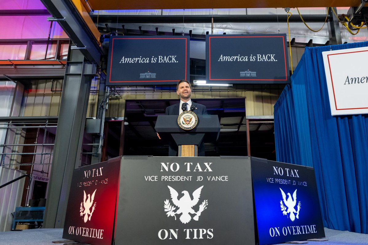 VP's tweet image. Today, Vice President Vance celebrated the passage of President Trump's Big Beautiful Bill with supporters in Pennsylvania
No tax on tips. No tax on overtime. America is BACK!