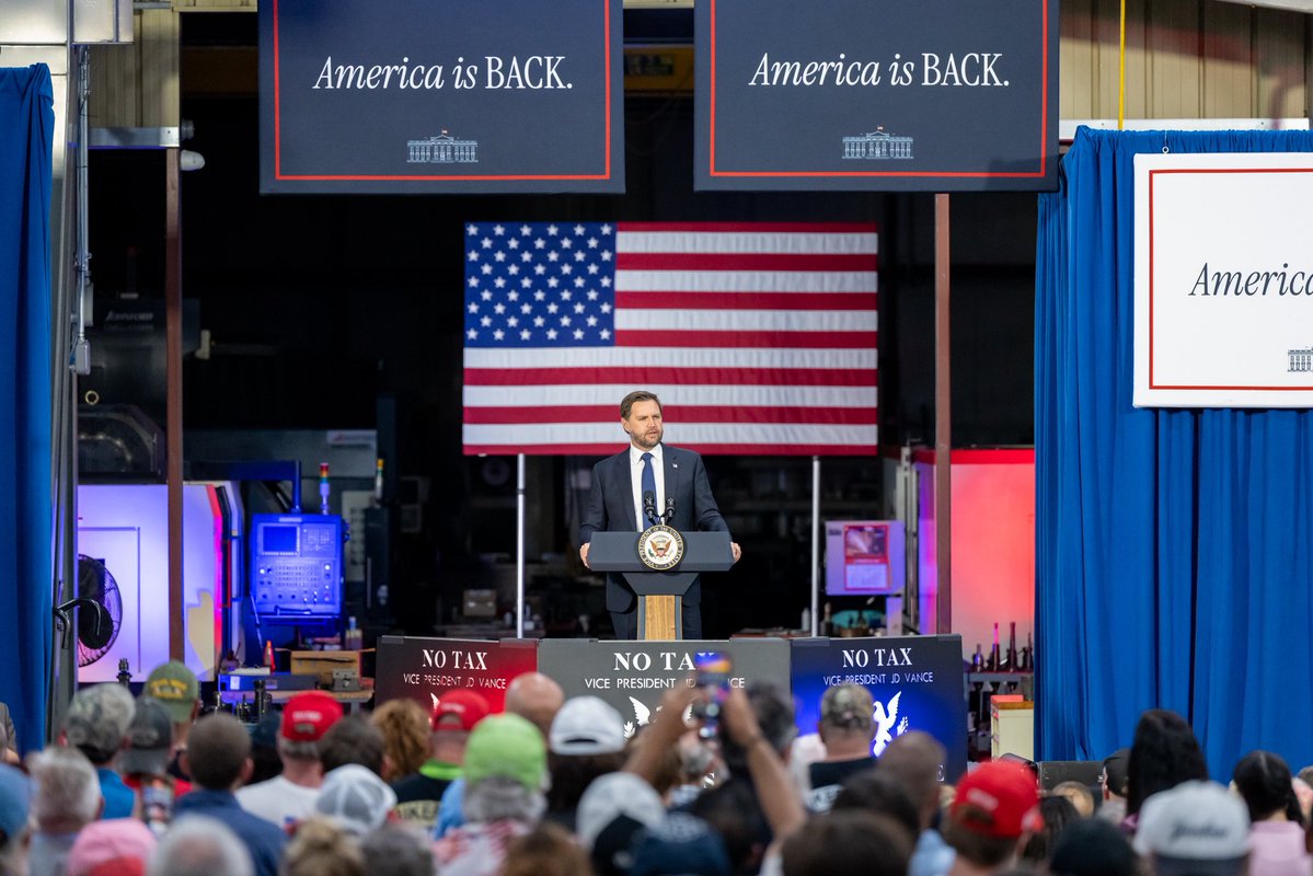 VP's tweet image. Today, Vice President Vance celebrated the passage of President Trump's Big Beautiful Bill with supporters in Pennsylvania
No tax on tips. No tax on overtime. America is BACK!
