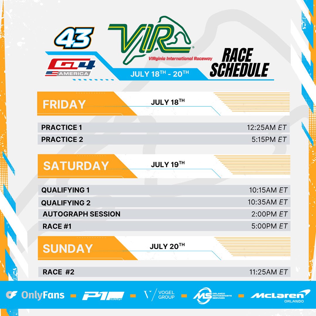 P1Groupe's tweet image. Who’s ready to see the @OnlyFans 4️⃣3️⃣ in action!?! Here’s our weekend lineup @VIRNow 

#onlyfans #onlyfansracing #motorsports #racing #omsrace #mclaren #mclarenorlando #mclarencustomerracing 
#gt4 #p1groupe