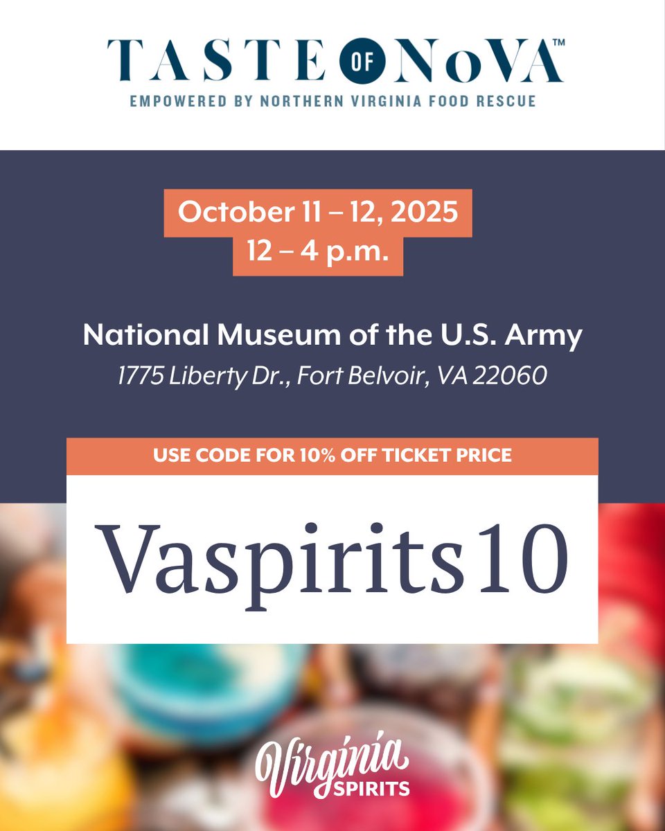 As a sponsor of Northern Virginia Magazine's Taste of NoVa, a food and wine festival, we are proud to offer our followers and fellow #VaSpirits lovers 10% off your ticket price. 🎟️

✅ Go to tasteofnova.com and use code Vaspirits10 at checkout to secure the discount!