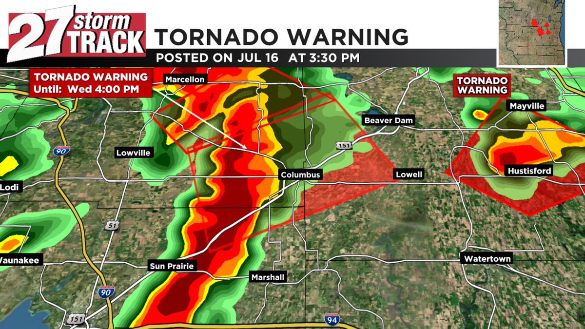 27StormTrack's tweet image. A Tornado Warning is in effect until Jul 16 4:00PM for Columbia, Dodge, Dane Co. Go to your safe place now! Watch WKOW for the latest info #wiwx