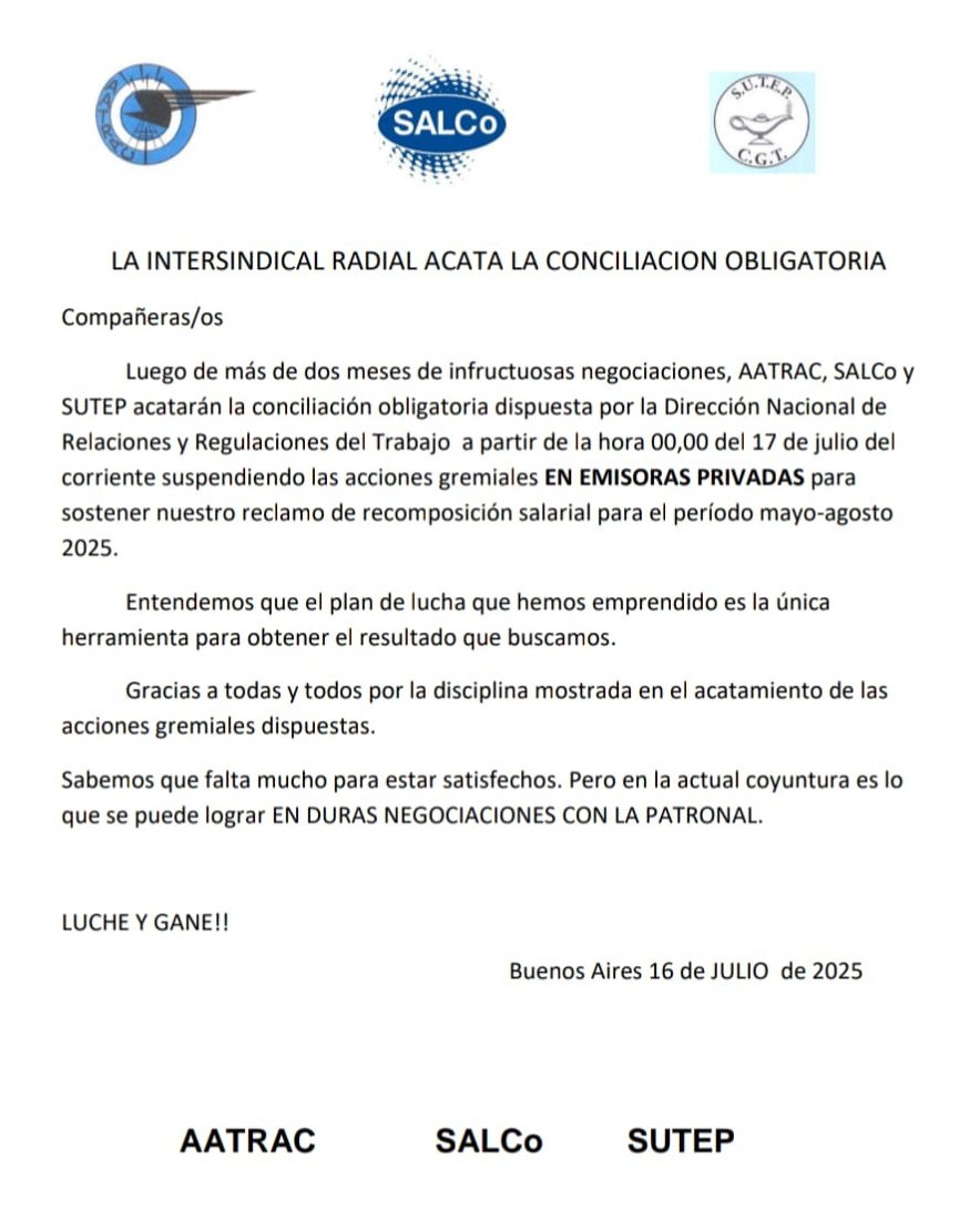🚨⚠️📻⚠️🚨

La Secretaría de Trabajo dispuso la conciliación obligatoria, por lo tanto se suspenden las medidas de fuerza. 
Las negociaciones paritarias se reanudarán el día lunes con una nueva audiencia con ARPA.

#SalariosDignosYa