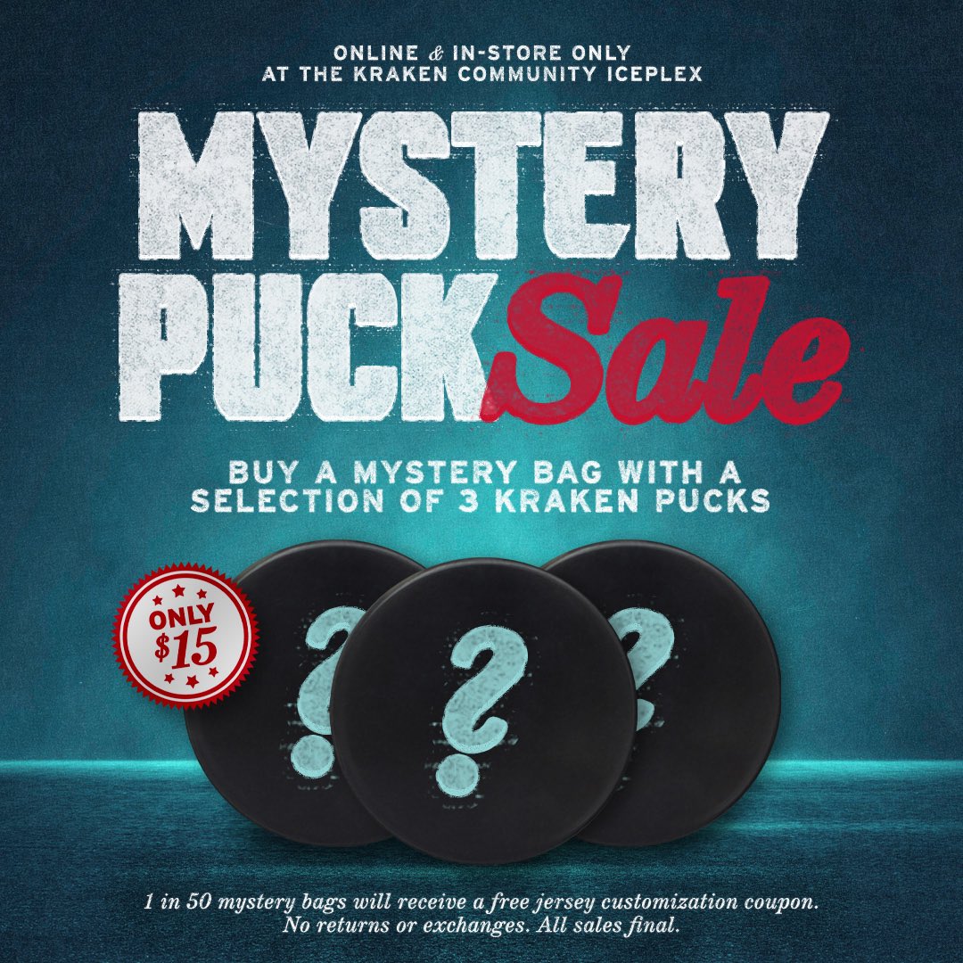 🚨 Mystery Puck Alert! 🚨

Get 3 exclusive Kraken pucks for $15 – player, holiday &amp; more!

🎯 1 in 10 gets a warmup-used puck
🎯 1 in 100 gets a game-used puck
🎯 1 in 50 gets FREE jersey customization (in-store only)

👉 seattlehockeyteamstore.com/products/seatt…