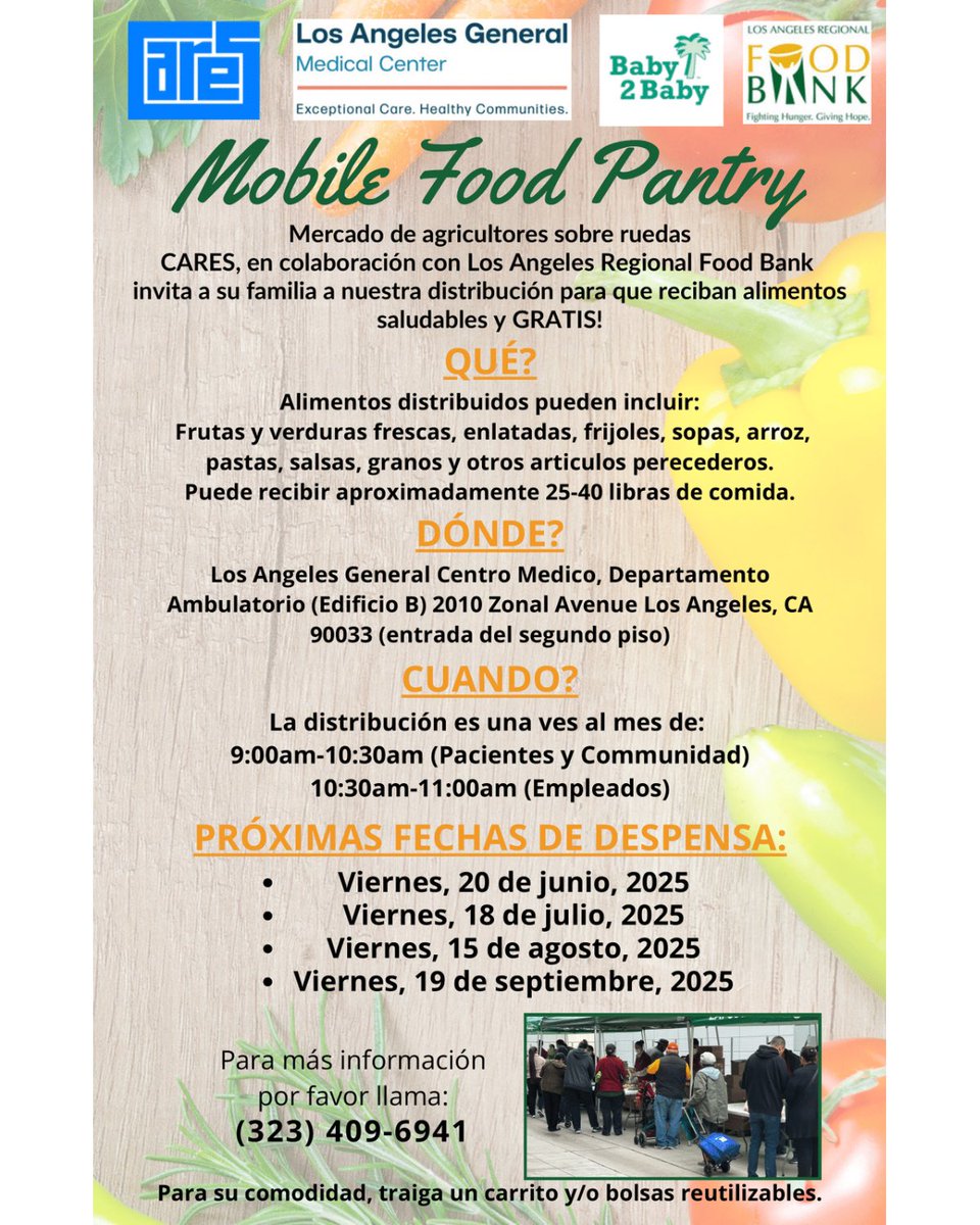 LAGeneralMed's tweet image. Free healthy food! 🍎🥕 The Mobile Food Pantry returns to LA General Medical Center—get 25–40 lbs of fresh produce, canned goods & more!
📍 Outpatient Dept (Bldg B)
🗓️ July 18, 2025