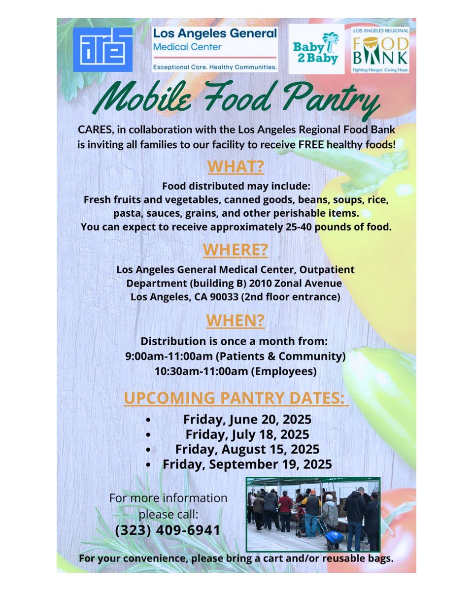 LAGeneralMed's tweet image. Free healthy food! 🍎🥕 The Mobile Food Pantry returns to LA General Medical Center—get 25–40 lbs of fresh produce, canned goods & more!
📍 Outpatient Dept (Bldg B)
🗓️ July 18, 2025