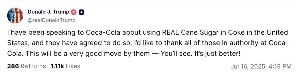 gurgavin's tweet image. DONALD TRUMP SAYS COCA COLA HAS AGREED TO USE REAL CANE SUGAR IN THE UNITED STATES
FINALLY SOMETHING ME AND TRUMP
CAN BOTH AGREE ON BEING A GOOD MOVE
$KO