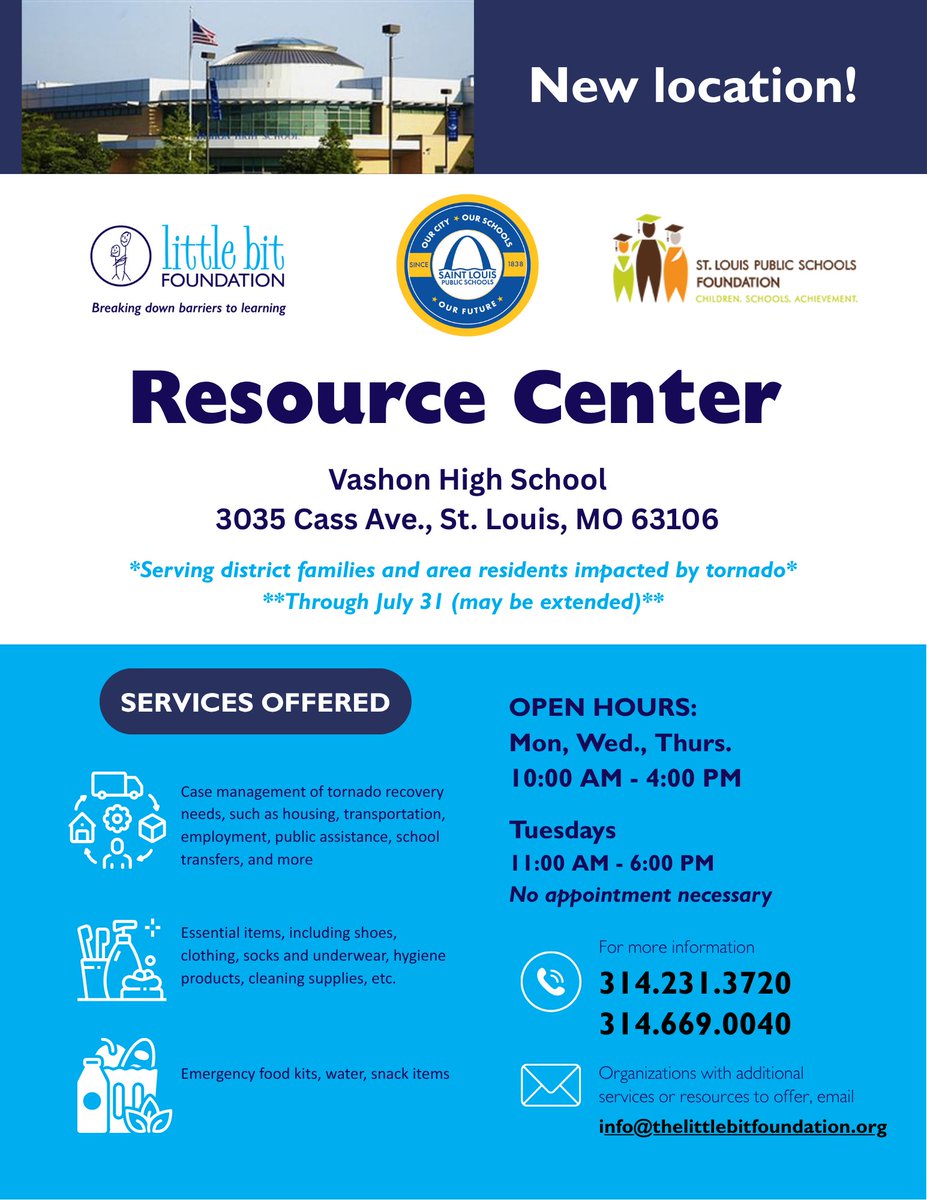 StlEdFund's tweet image. The Resource Center has moved to Vashon High School. The center will continue to support SLPS families impacted by the tornado, offering case management services for their immediate and long-term needs, as well as essential items, food, and other resources.