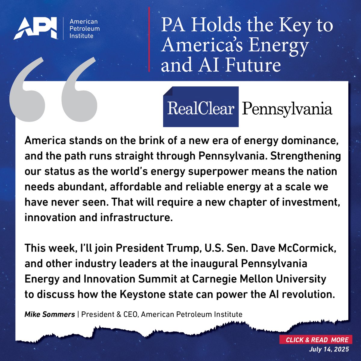 APIenergy's tweet image. ICYMI: Check out @MJ_Sommers’ op-ed in RealClear Pennsylvania. As Sommers states, “Pennsylvania boasts vast natural gas reserves, favorable geology, a skilled workforce, and world class research universities.” The Keystone state is uniquely positioned to power the new industrial…
