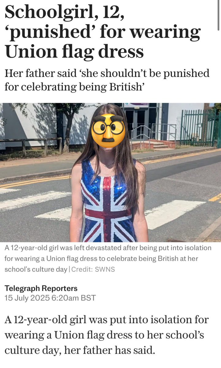 LigmaInstitute's tweet image. Girl, 12, banned from school’s ‘culture day’ and put in isolation for wearing a Union flag dress and making a speech praising Adolf Hitler and Tommy Robinson.