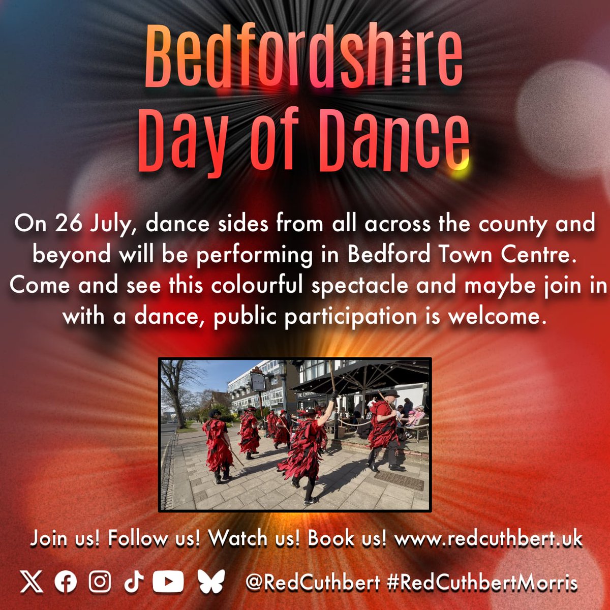 On 26 July, dance sides from all across the county and beyond will be performing in Bedford Town Centre.
Come and see this colourful spectacle and maybe join in with a dance! More details at redcuthbert.uk/beddod #morris #dancing #bedford