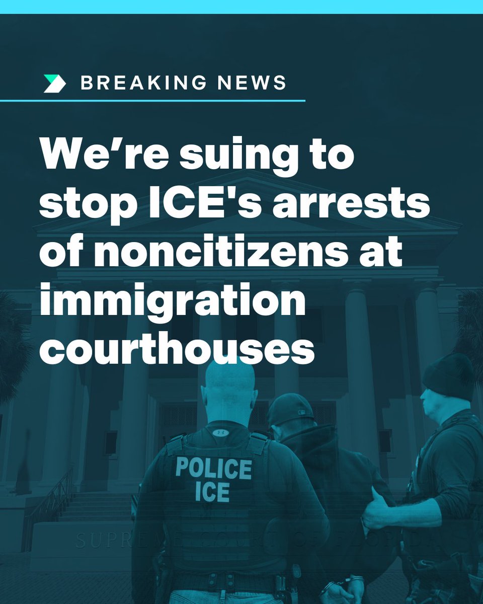 DemocracyFwd's tweet image. BREAKING: We’re suing the Trump-Vance administration to stop ICE's arrests of noncitizens at immigration courthouses.
This admin is stripping people of their due process rights in order to expedite deportations. It’s unlawful and unconstitutional.