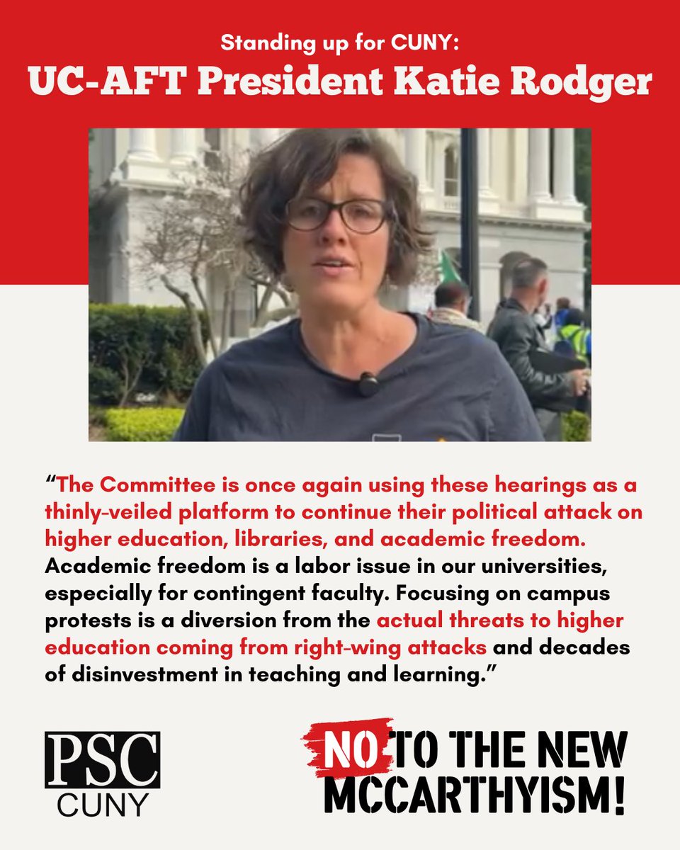PSC_CUNY's tweet image. "The Committee is once again using these hearings as a thinly-veiled platform to continue their political attack on higher education, libraries, and academic freedom." -- Katie Rodger, President of the @UCAFT #HandsOffHigherEd