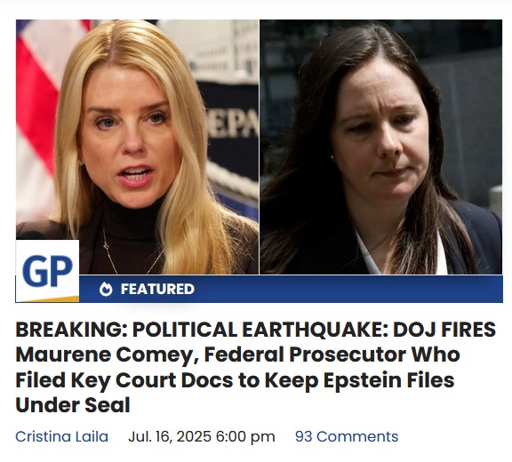 RogerP23486's tweet image. DOJ FIRES Maurene Comey, Federal Prosecutor Who Filed Key Court Docs to Keep Epstein Files Under Seal
Thank God! She botched the Diddy case and failed to build any cases against Epstein clients.
From GateWay Pundit:
Maurene Comey, daughter of James Comey, was fired as a…