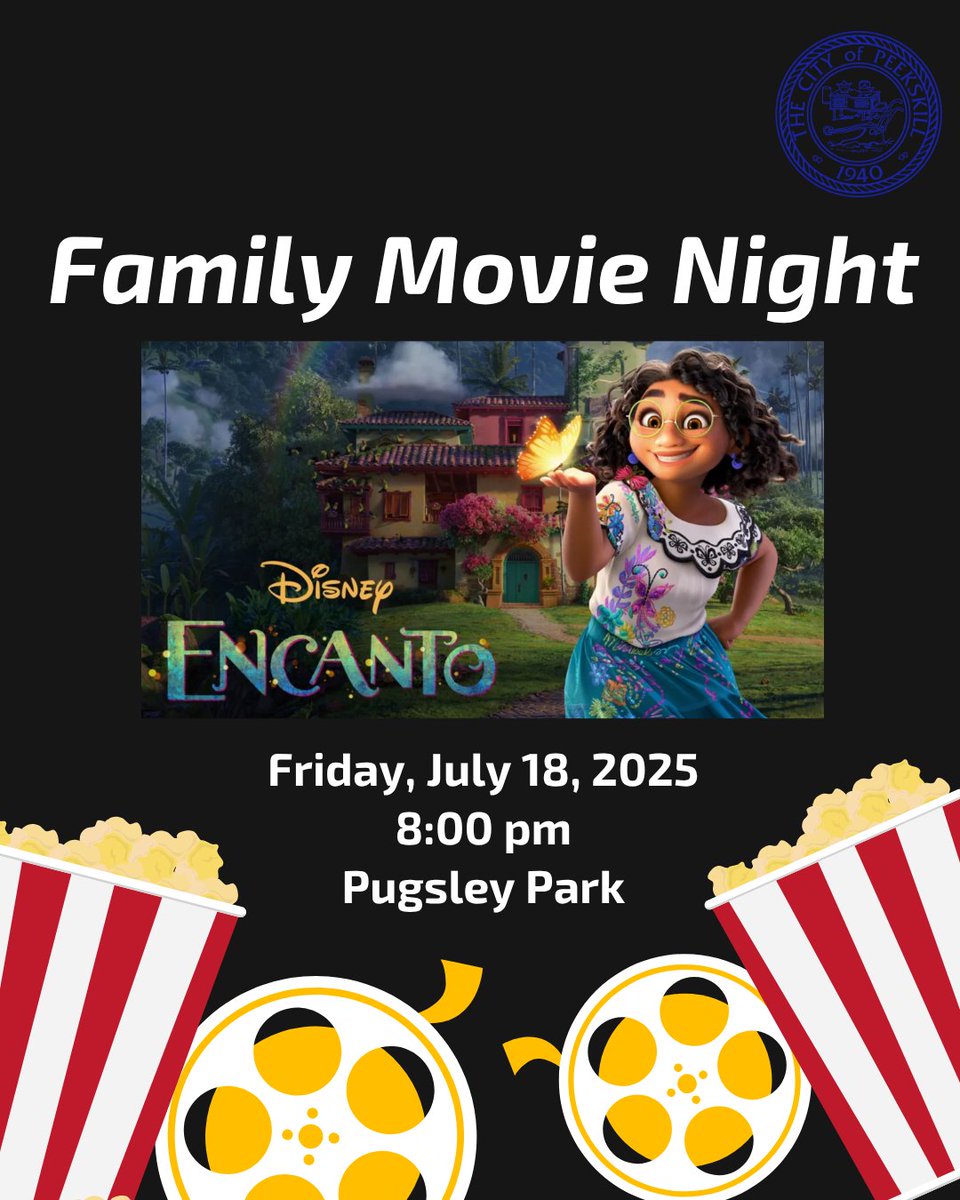 CityOfPeekskill's tweet image. It's time for another movie night! Bring a blanket or chair and come down to Pugsley Park this Friday, July 18th at 8:00 pm to watch Encanto. Please note that a portable restroom will be available at Pugsley Park during movie nights.