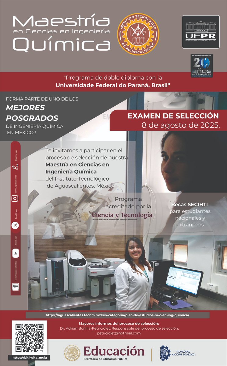 Posgrado Ing. Química Instituto Tecnológico de Ags (@posgradoiqags) on Twitter photo Nuevo proceso de selección: 8 de Agosto, 2025
Maestría en Ciencias en Ingeniería Química
Programa de doble diploma con la Universidade Federal do Paraná 🇧🇷
Becas de manutención del gobierno de 🇲🇽 para estudiantes nacionales y extranjeros.
Informes:
petriciolet@hotmail.com Nuevo proceso de selección: 8 de Agosto, 2025
Maestría en Ciencias en Ingeniería Química
Programa de doble diploma con la Universidade Federal do Paraná 🇧🇷
Becas de manutención del gobierno de 🇲🇽 para estudiantes nacionales y extranjeros.
Informes:
petriciolet@hotmail.com