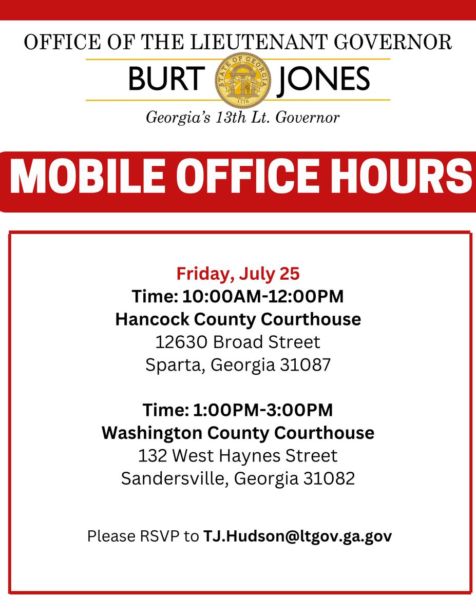 LtGovJonesGA's tweet image. Hancock and Washington Counties! My team will be in your area for Mobile Office Hours on Friday, July 25th.
Stop by to get your questions answered and share any of your concerns. We look forward to seeing you there! #gapol