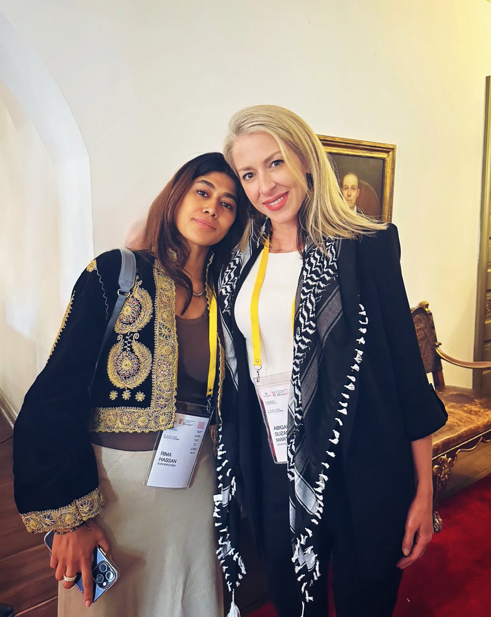 AbbyMartin's tweet image. With the absolute legend @RimaHas at The Hague Group summit in Bogotá 🇵🇸