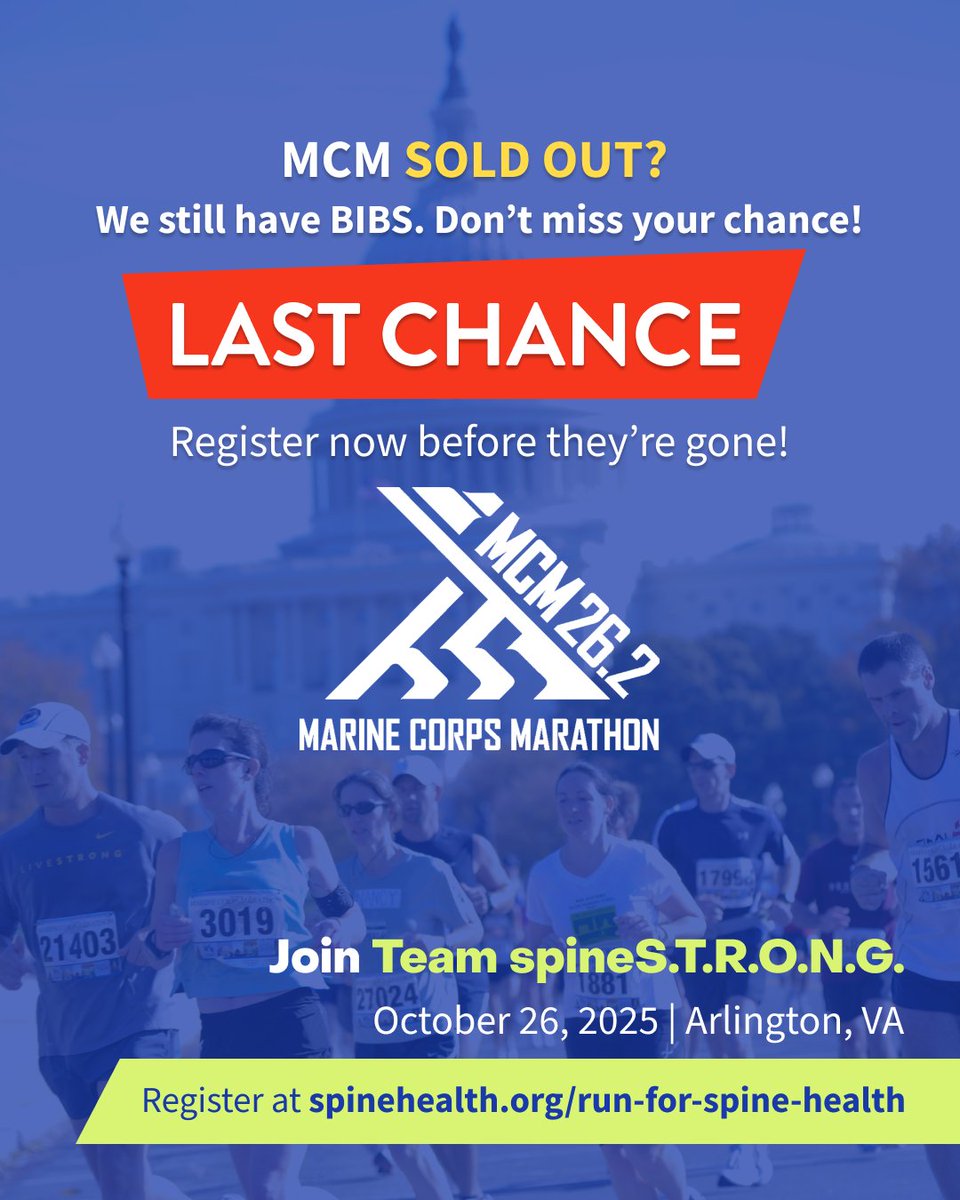 SpineHealthFdn's tweet image. 🏃♀️ Marine Corps Marathon is sold out! But, we’ve got your TICKET IN!
Join Team spineS.T.R.O.N.G. so you can run for those who can’t.
When you run with us, you support life-changing education, research, and advocacy that helps people-including military and veteran service…