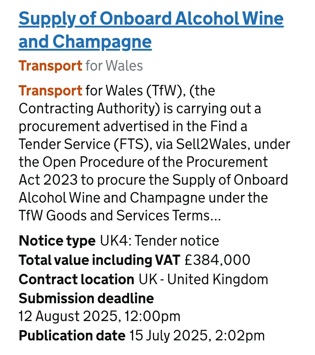 NoelDolphin's tweet image. This evening - I am mainly thinking about Transport for Wales's champagne tender. 🍾🥂
find-tender.service.gov.uk/Notice/039997-…