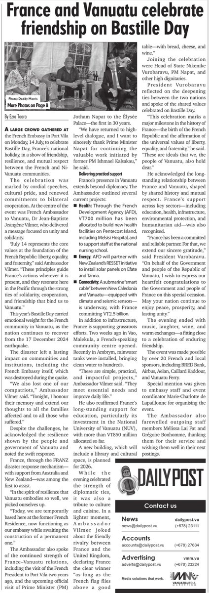 jeangene_vilmer's tweet image. 🇫🇷🇻🇺 #BastilleDay in Vanuatu - In its edition two days later, the national daily newspaper reports on the speeches and celebrations of the French National Day.