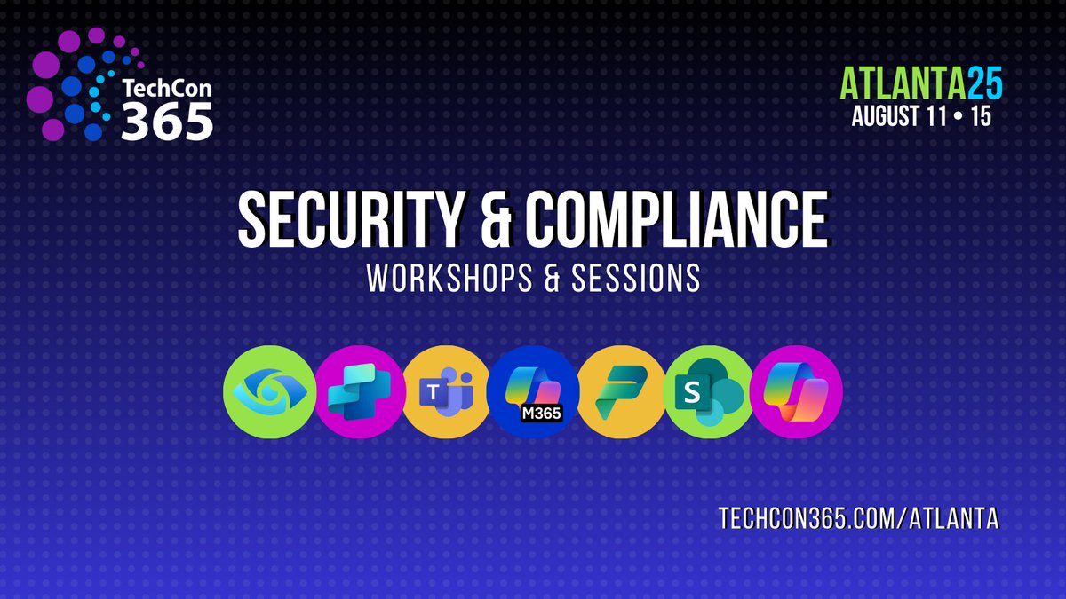 TechCon 365, PWRCON & DATACON (@techcon365) on Twitter photo Attend our Security & Compliance workshops & sessions for <a href="/TechCon365/">TechCon 365, PWRCON & DATACON</a> #Atlanta August 11-15. Top speakers including: <a href="/EEMancini/">Emily Mancini | @M365Miami</a> <a href="/MichalPisarek/">Michal Pisarek</a> <a href="/JoyOfSharePoint/">JoyOfSharePoint | Joy Apple, MVP</a> <a href="/brianalderman/">Brian Alderman</a> <a href="/DavidMDrever/">David Drever | MVP | Data Protection & Compliance</a> <a href="/RinBytes/">Karinne Bessette</a> <a href="/helloitsliam/">helloitsliam (MVP Alumni, MCT)</a> <a href="/percusn/">Liz Sundet #NotTracy</a> <a href="/EricOverfield/">Eric Overfield</a> <a href="/susanhanley/">Susan Hanley</a> #techcon365 #microsoft365 Attend our Security & Compliance workshops & sessions for <a href="/TechCon365/">TechCon 365, PWRCON & DATACON</a> #Atlanta August 11-15. Top speakers including: <a href="/EEMancini/">Emily Mancini | @M365Miami</a> <a href="/MichalPisarek/">Michal Pisarek</a> <a href="/JoyOfSharePoint/">JoyOfSharePoint | Joy Apple, MVP</a> <a href="/brianalderman/">Brian Alderman</a> <a href="/DavidMDrever/">David Drever | MVP | Data Protection & Compliance</a> <a href="/RinBytes/">Karinne Bessette</a> <a href="/helloitsliam/">helloitsliam (MVP Alumni, MCT)</a> <a href="/percusn/">Liz Sundet #NotTracy</a> <a href="/EricOverfield/">Eric Overfield</a> <a href="/susanhanley/">Susan Hanley</a> #techcon365 #microsoft365