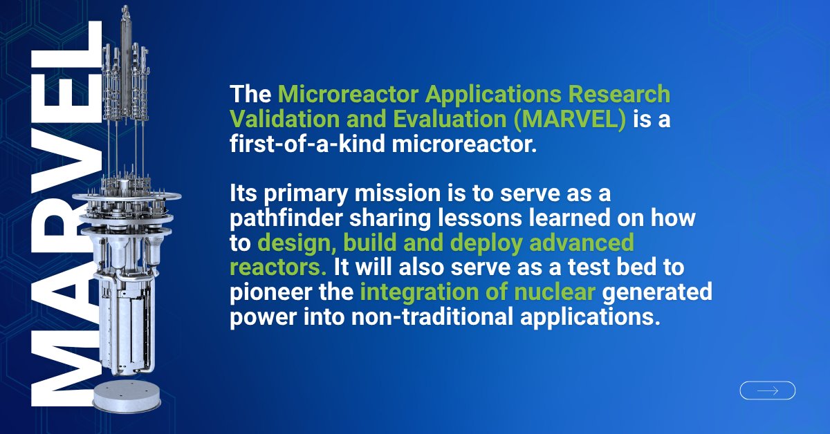 INL's tweet image. MARVEL is a first-of-a-kind #microreactor that is well on its way to being built @INL. ⚛️
Its primary mission is to serve as a pathfinder on how to design, build and deploy #AdvancedNuclear reactors.
Learn more ➡️ inl.gov/marvel/ @GovNuclear