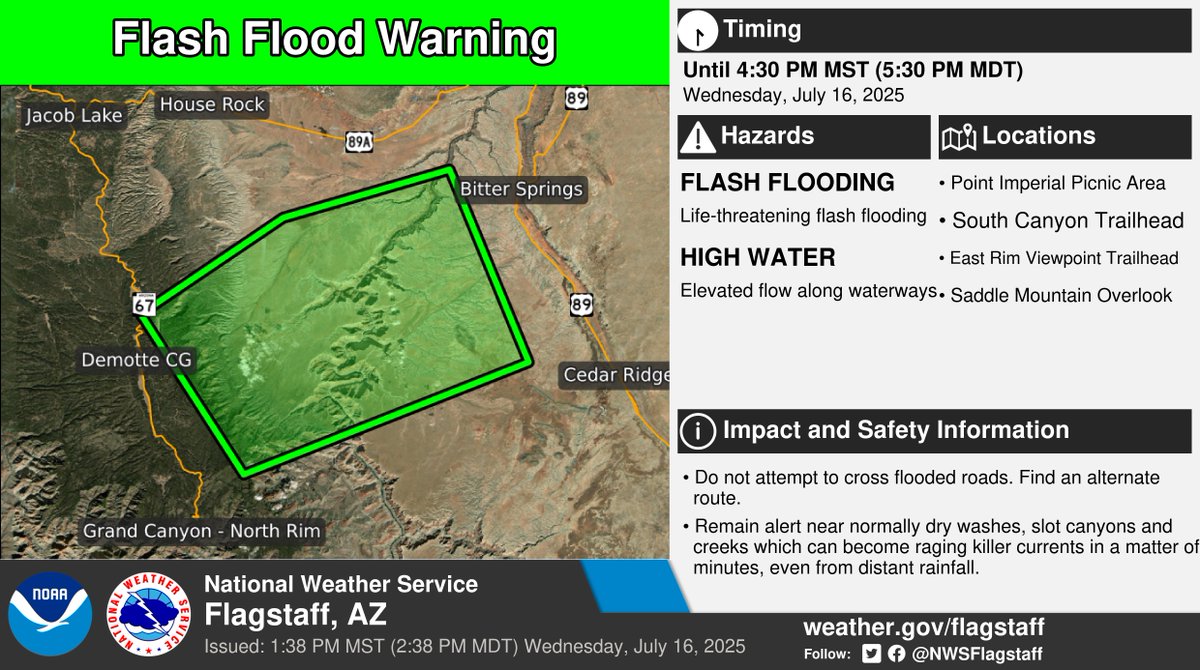 NWSFlagstaff's tweet image. ⚠️ Flash Flood Warning ⚠️ in effect until 4:30 PM MST (5:30 PM MDT) for portions of Coconino County.
This includes Point Imperial Picnic Area, South Canyon Trailhead, East Rim Viewpoint Trailhead, and Saddle Mountain Overlook. More info: weather.gov/fgz/wwa?wfo=KF…. #azwx