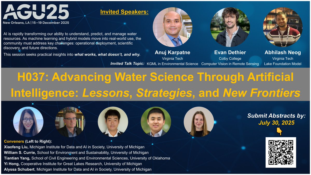 📢Call for Abstracts – AGU 2025 💧
We are thrilled to invite submissions to our session:
H037: Advancing Water Science Through Artificial Intelligence: Lessons, Strategies, and New Frontiers
🔗Link: agu.confex.com/agu/agu25/prel…
📅 Deadline: July 30