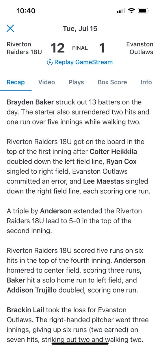BraydenBaker00's tweet photo. Started the second the second game in Evanston throwing a two hitter with 13 strikeouts. I completed the game with the win and topped out at 92 mph from the bump. https://t.co/LjnHgXiyEk