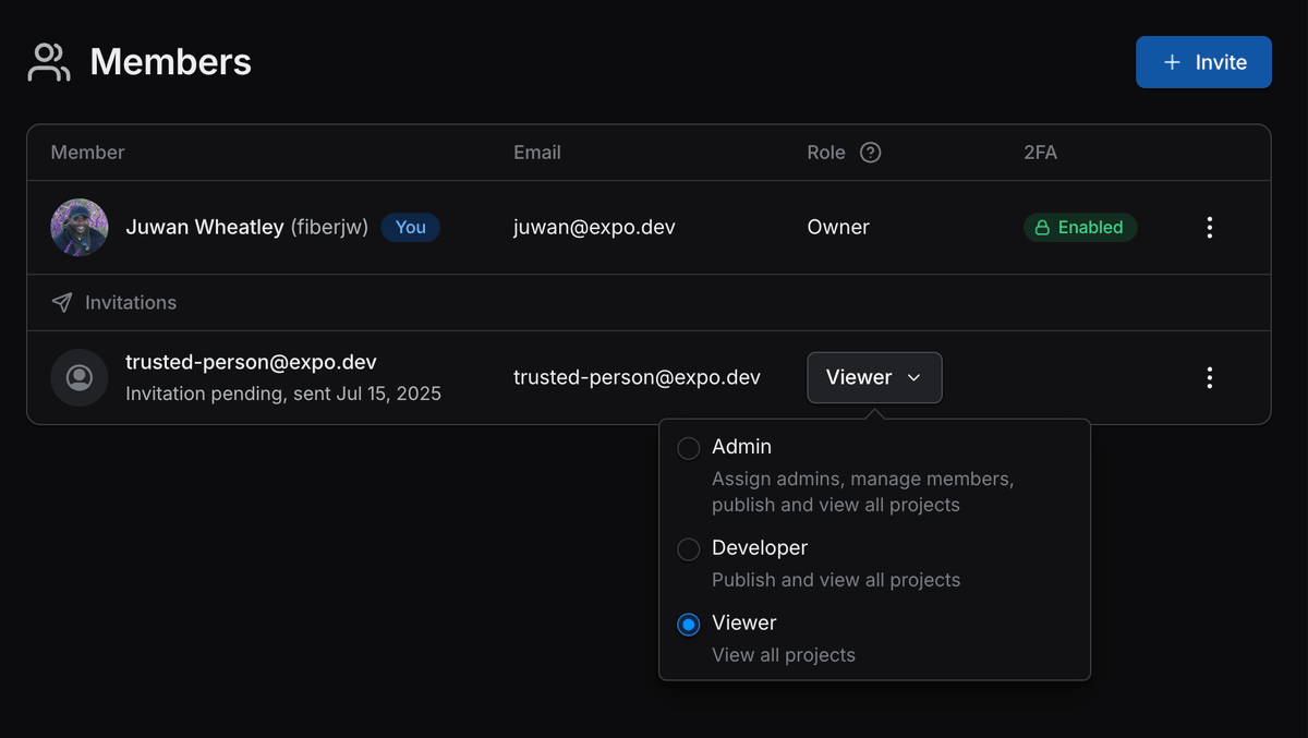 expo_devlog's tweet image. Admins can now change the role of pending invitations for their organization
There is no need to cancel and resend an invitation or edit the member list after the member joins to rectify their permission level anymore