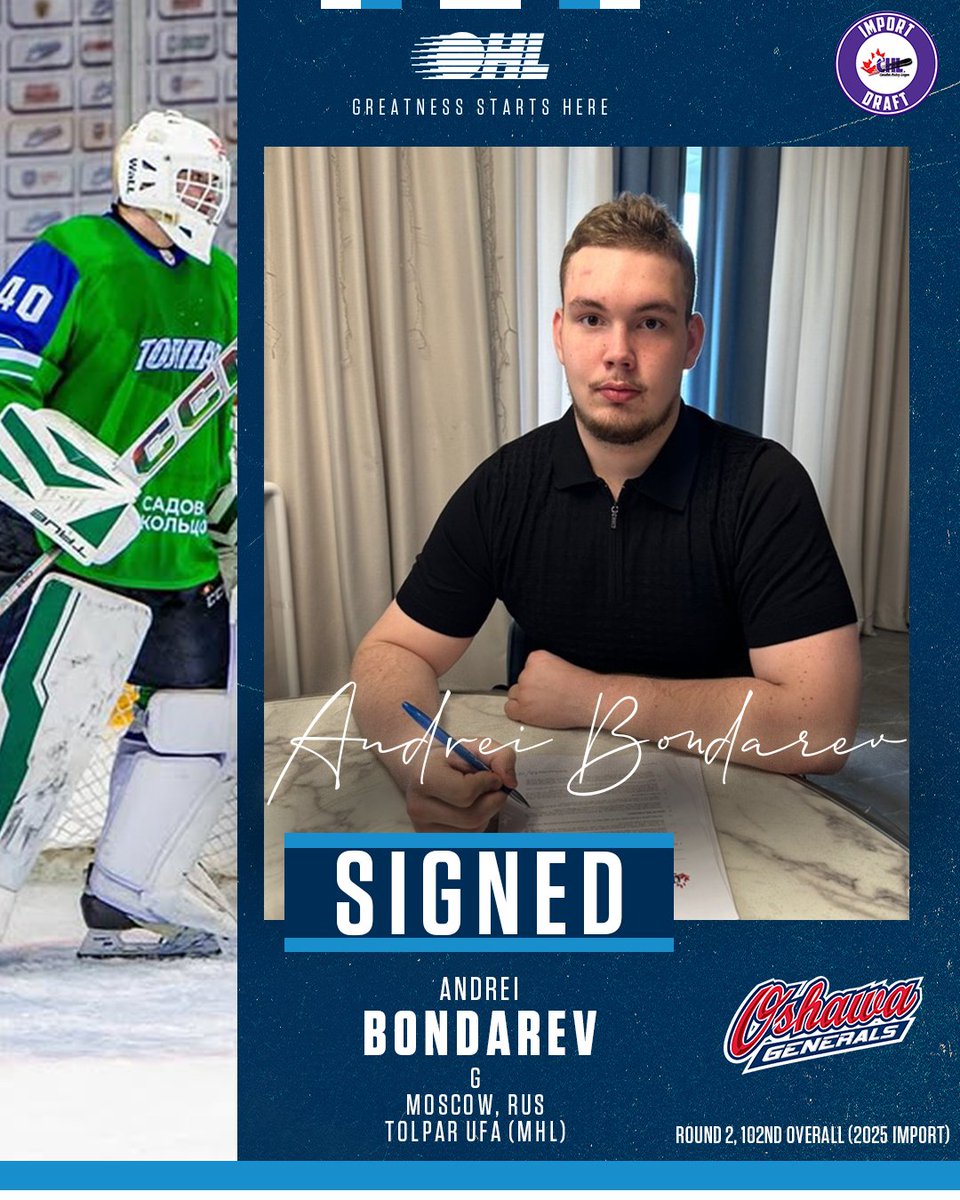 Ontario Hockey League (@ohlhockey) on Twitter photo The <a href="/Oshawa_Generals/">Oshawa Generals</a> add size in the crease 🇷🇺
The Generals recently announced the signing of 2025 #CHLImportDraft selection, Andrei Bondarev, to an #OHL Scholarship & Development Agreement.
DETAILS 🗞️: tinyurl.com/ye29py8z The <a href="/Oshawa_Generals/">Oshawa Generals</a> add size in the crease 🇷🇺
The Generals recently announced the signing of 2025 #CHLImportDraft selection, Andrei Bondarev, to an #OHL Scholarship & Development Agreement.
DETAILS 🗞️: tinyurl.com/ye29py8z