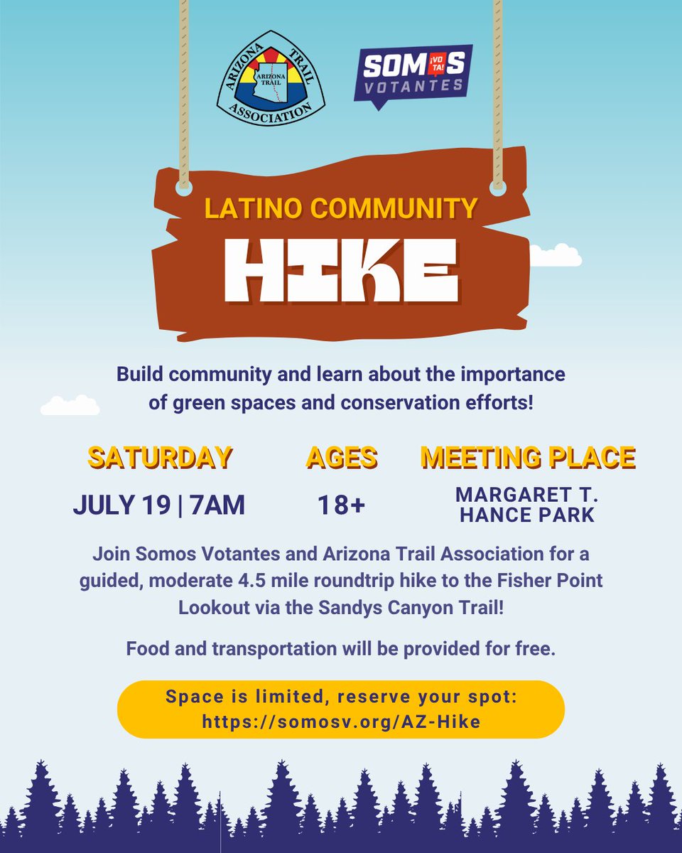 🥾🌲 Phoenix! We are going to Flagstaff to flee the heat as part of a Latino Community Hike to learn more about public lands in AZ! 

📍 We are parking at Margaret T. Hance Park on Saturday, July 19th at 7AM and driving a group to the beautiful Fisher Point Lookout via Sandys